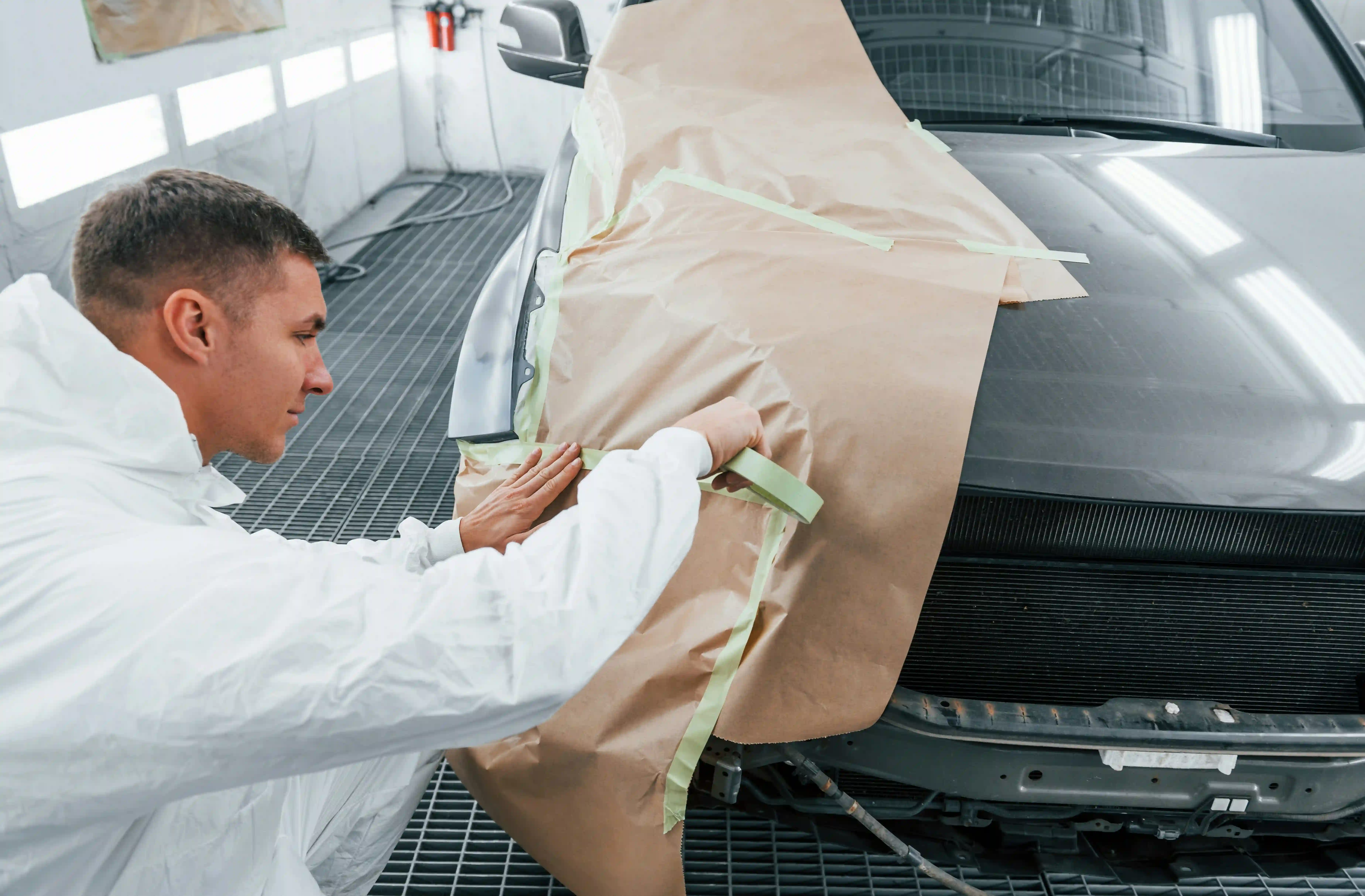 Lackierer im Schutzanzug klebt den Kotflügel eines silbernen Autos in der Lackierkabine mit Papier ab.